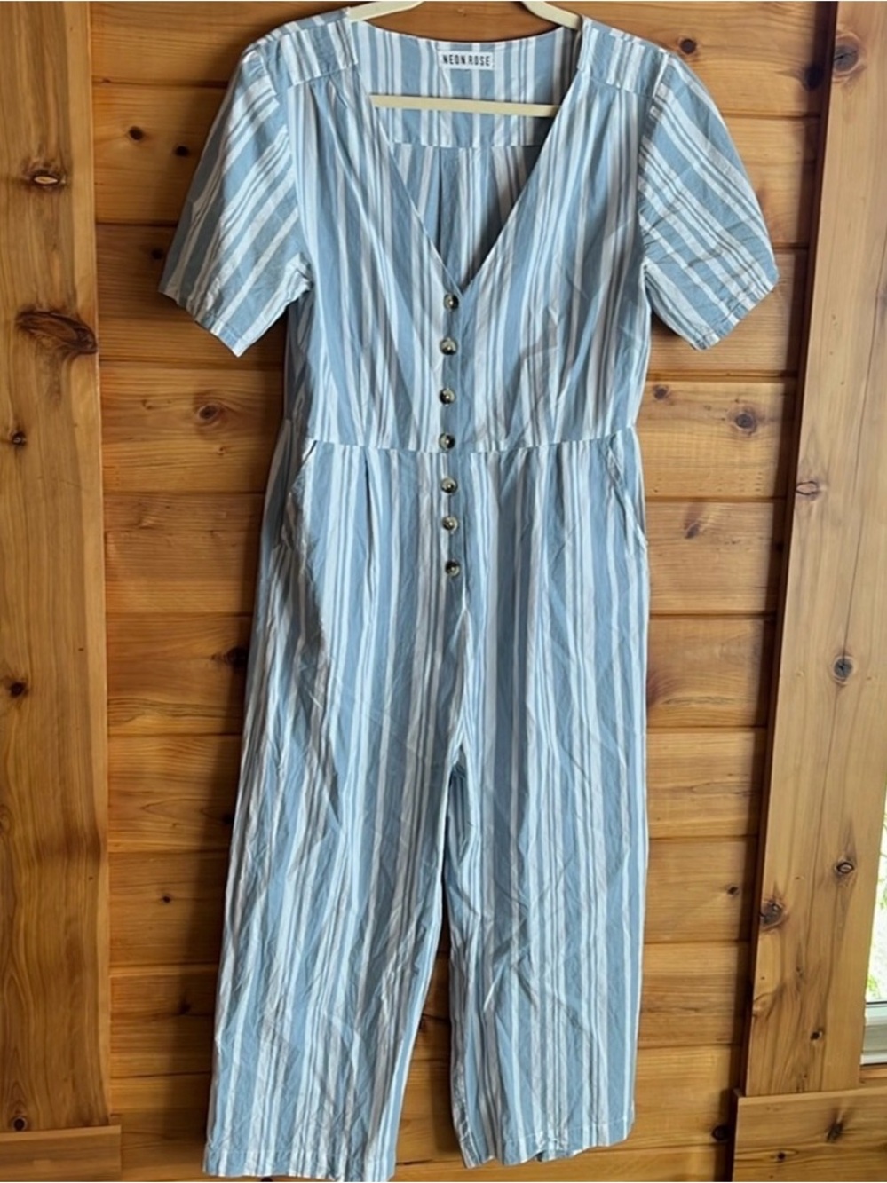 Neon Rose Blue & White Striped Button-Front Jumpsuit